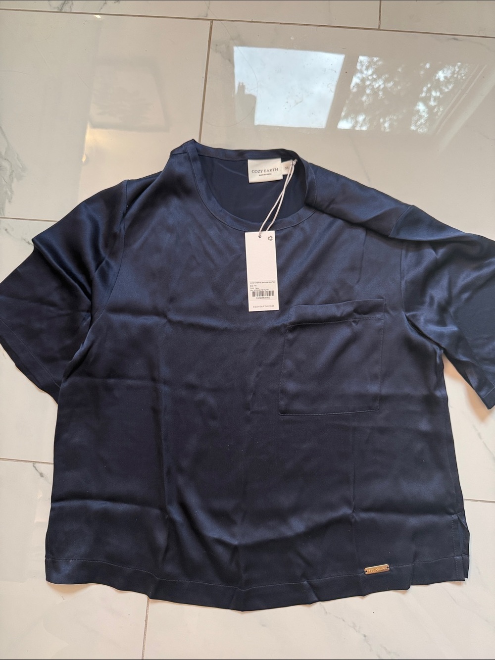 Cozy earth women’s  Navy Short-Sleeve Pocket silk Pajama Top